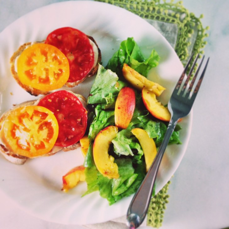 Peach and Butter Lettuce Salad with Open Faced Tomato Sandwich