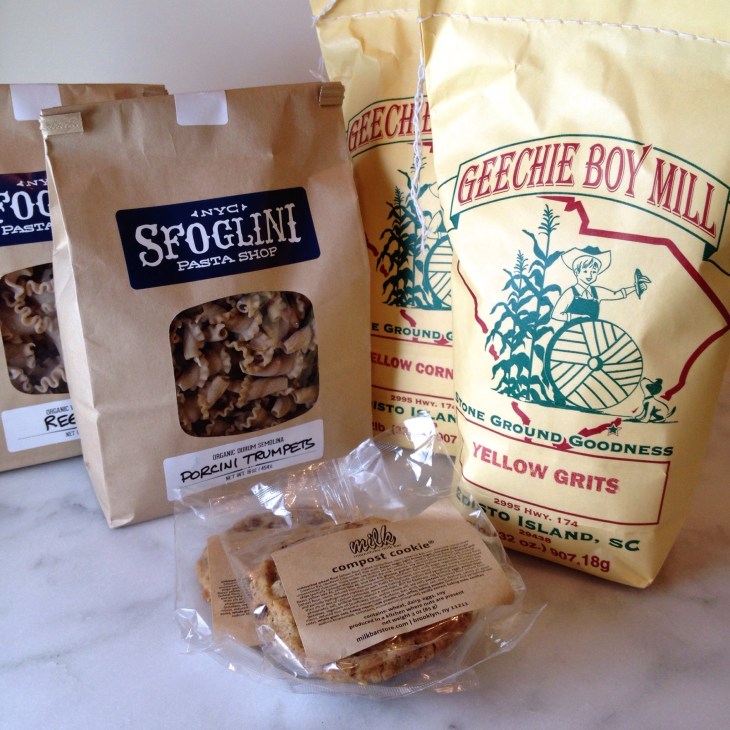 My purchases at Emporiyum: Sfoglini whole wheat reginetti and porcini trumpets, Geechie Boy Mill yellow corn grits and cornmeal, Momofuki Milk Bar compost Cookies