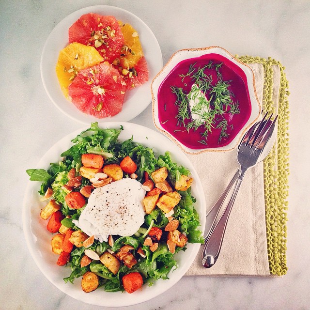 Dinner: beet soup with caraway, bistro salad with roasted vegetables, and orange carpaccio with orange flower water and pistachios