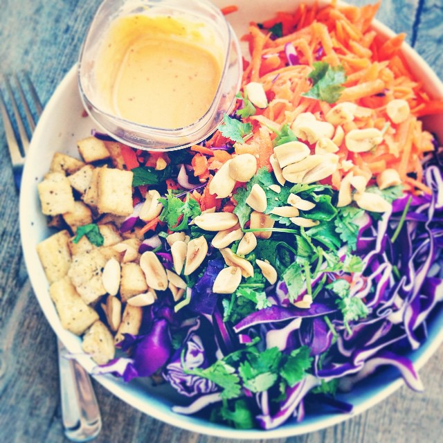 Lunch: tofu cabbage salad with kimchi miso dressing and peanuts